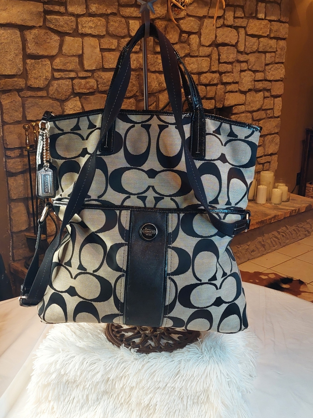 Coach Black Signature Stripe Foldover Tote Crossbody 2013